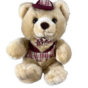 Vintage Teddy Bear Light Tan, Beige Color, Red Plaid Outfit Plush Stuffed Animal